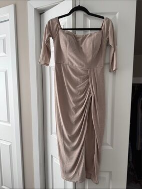 Nude Ruched Midi Dress with Square Neckline with Slit